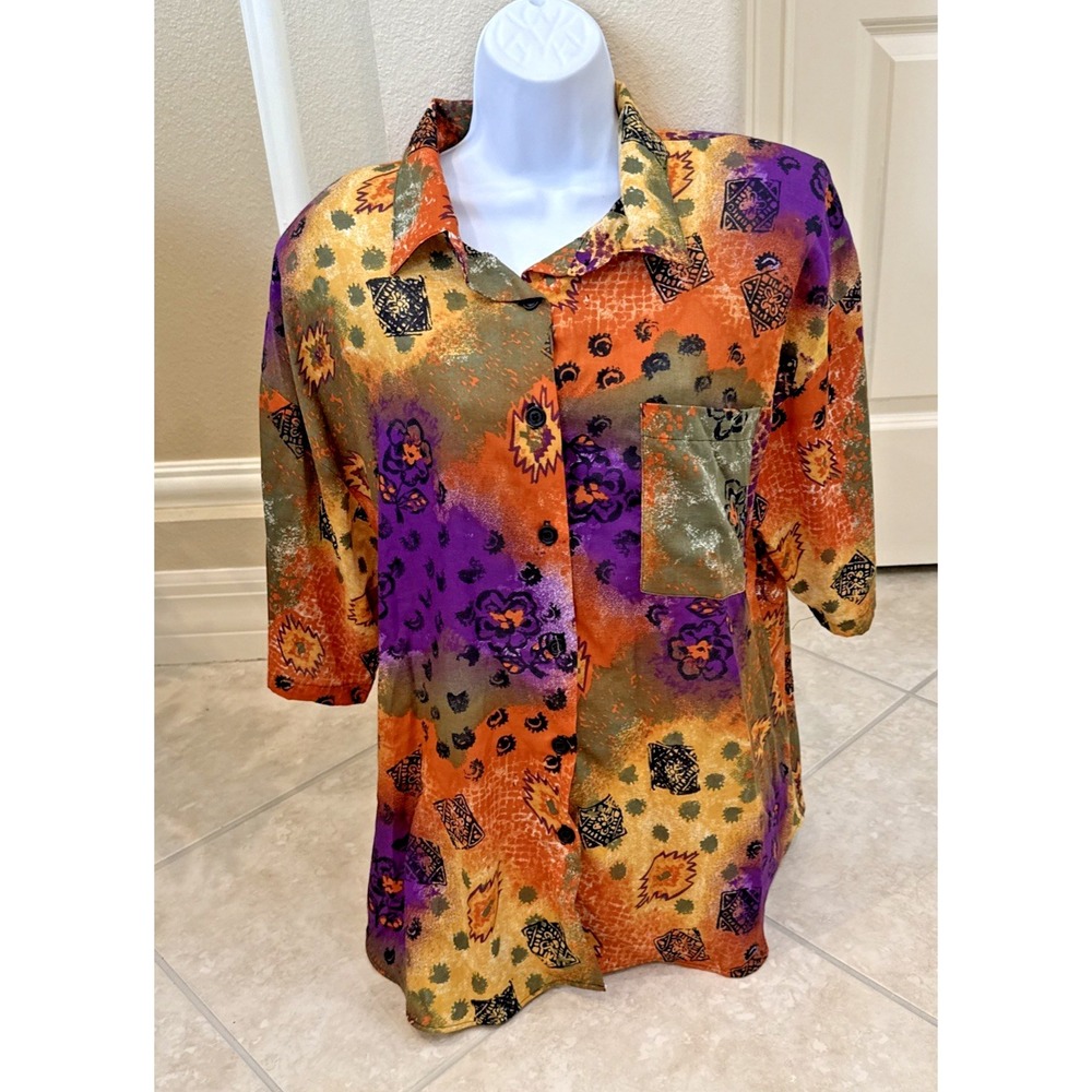 VTG‎ Boomerang Orange Multicolor Abstract Button Up Shirt Art to Wear Sz 22W/42